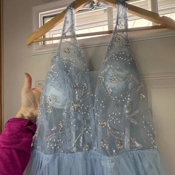 Elegant Baby Blue Fairytale Beaded Halter Prom Dress - Picture 8 of 15